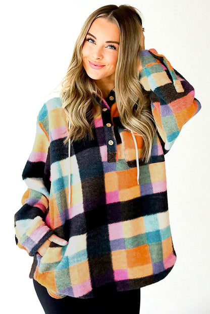 Plaid Colour Block Flap Pocket Buttoned Hoodie | Multicolour