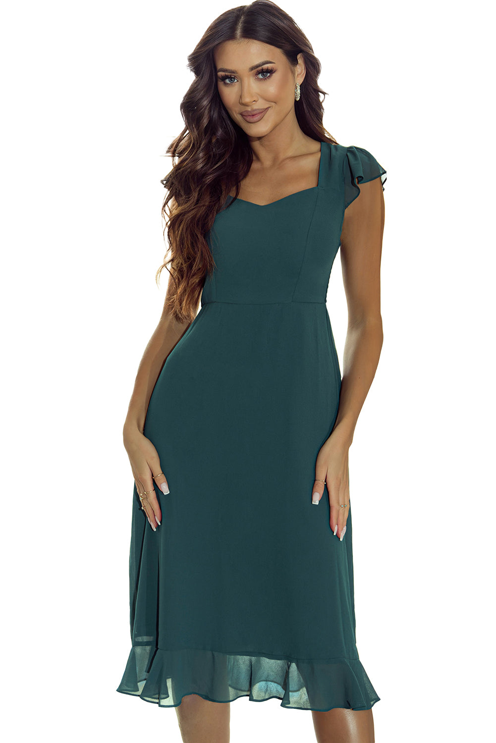 Shirred Open Back Sweetheart Neck Ruffled Midi Dress | Sea Green