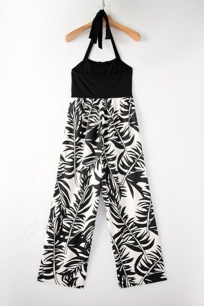 Halter Tropical Plant Print Wide Leg Jumpsuit | Black