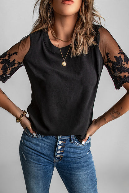 Floral Lace Sleeve Patchwork Top | Black