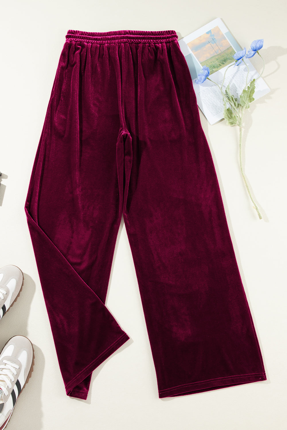 Solid Drawstring Waist Wide Leg Pants | Burgundy