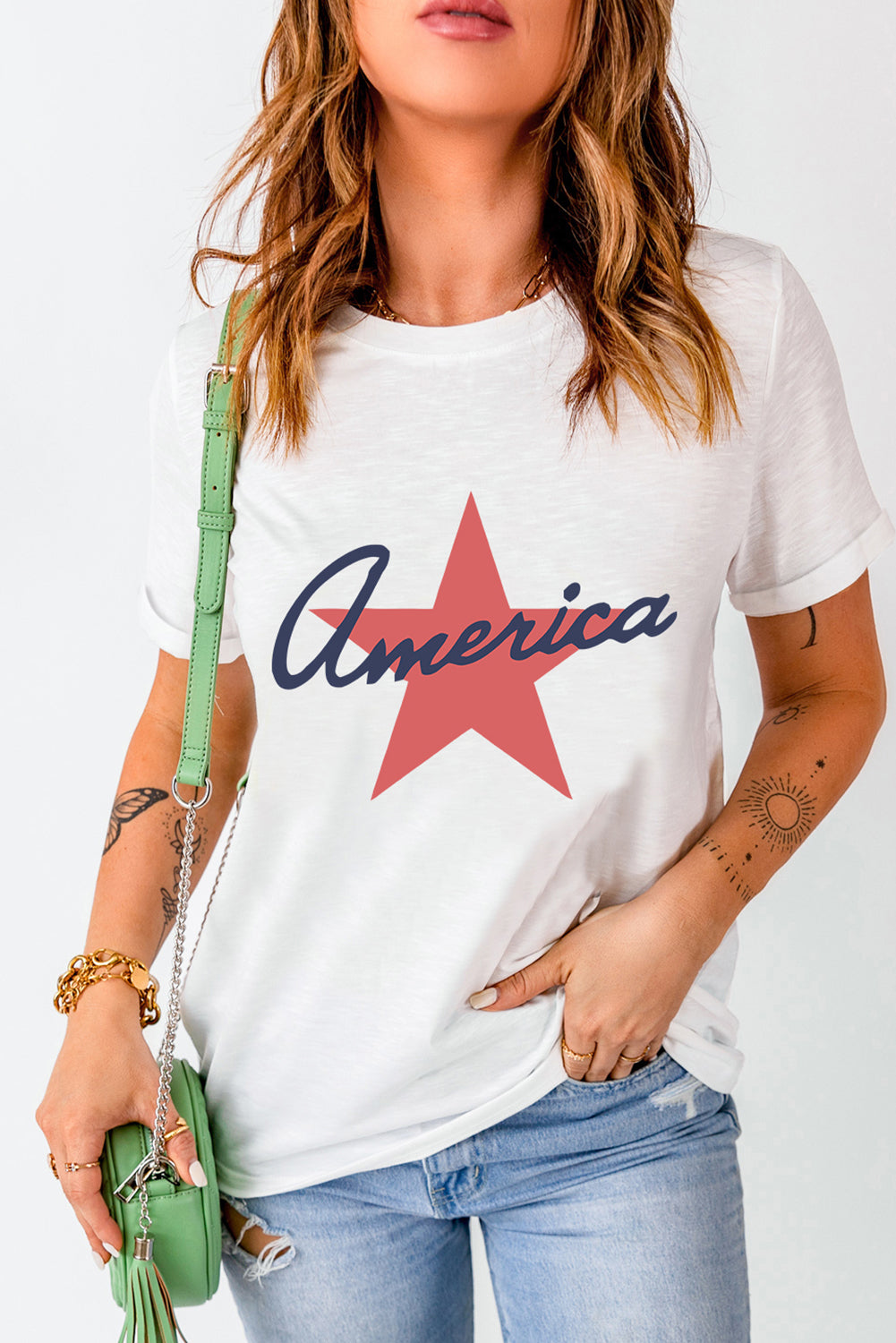 America Star Shape Print O Neck Loose Fit T Shirt | White