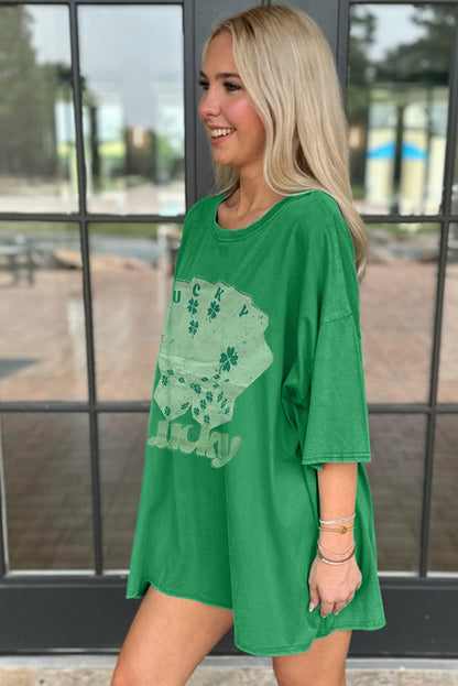 Rhinestone Lucky Poker Cards Oversized T Shirt Mini Dress | Bright Green