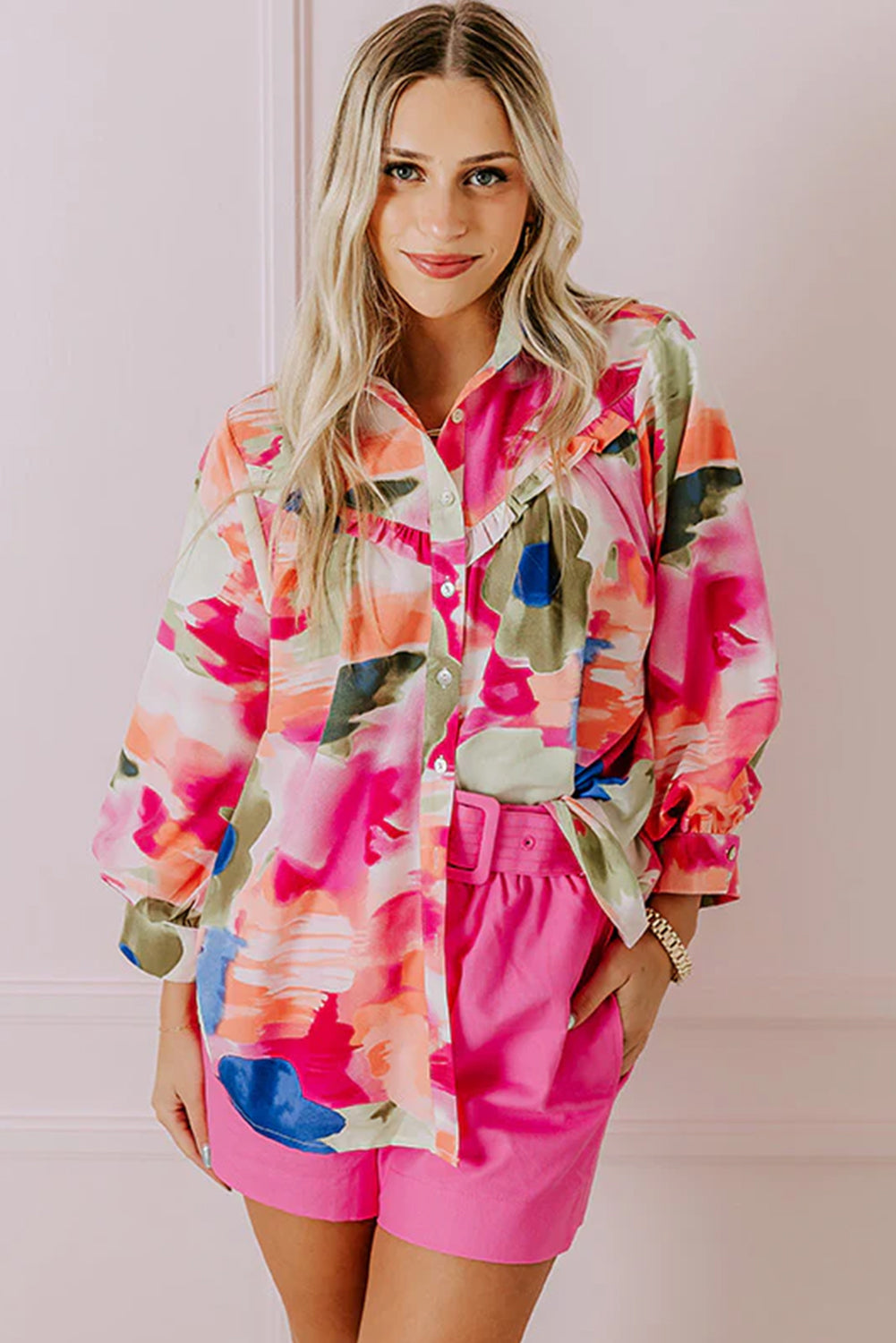 Abstract Print Ruffled Puff Sleeve Shirt | Rose