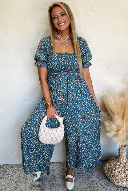 Vintage Boho Floral Smocked Short Puff Sleeve Wide Leg Jumpsuit | Blue