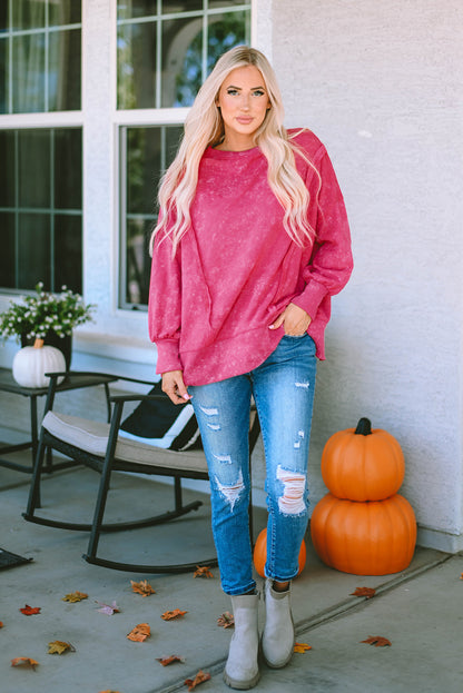 Acid Wash Relaxed Fit Seamed Pullover Sweatshirt With Slits | Rose