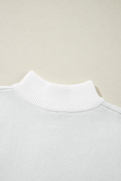 Contrast Flower Half Zipper Stand Neck Sweater | White