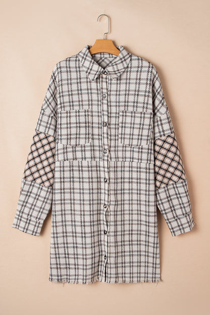 Plus Size Plaid Buttoned Raw Hem Tunic Shirt Dress | White Stripe