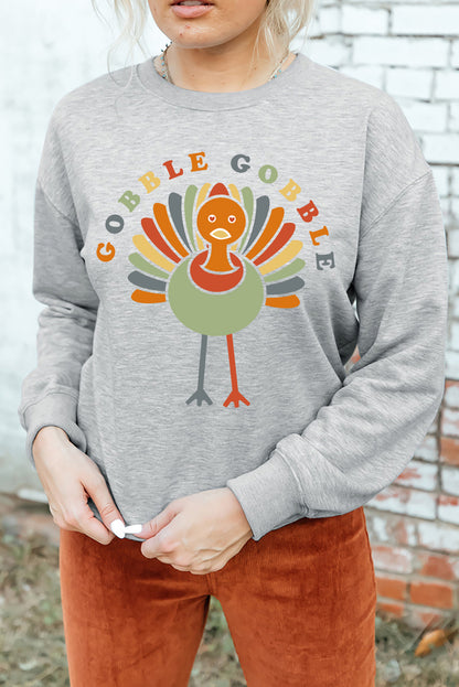 Gobble Gobble Turkey Print Pullover Sweatshirt | Gray