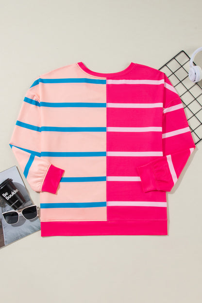 Colour Block Crewneck Long Sleeve Plus Size T Shirt | Rose Stripe