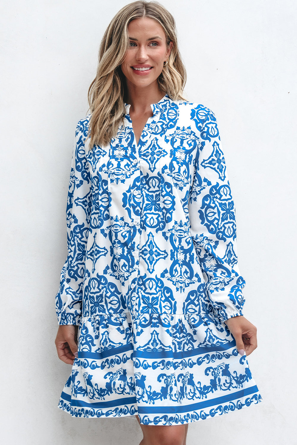 Tribal Print Button Up Notch Neck Loose Mini Dress | Sky Blue