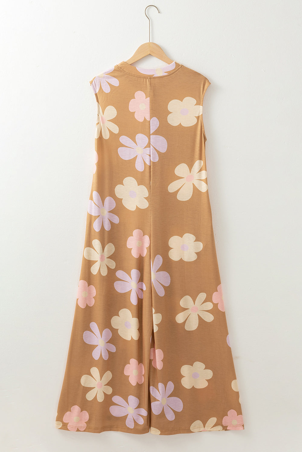 Floral Print Sleeveless Button Up Wide Leg Loose Jumpsuit | Khaki