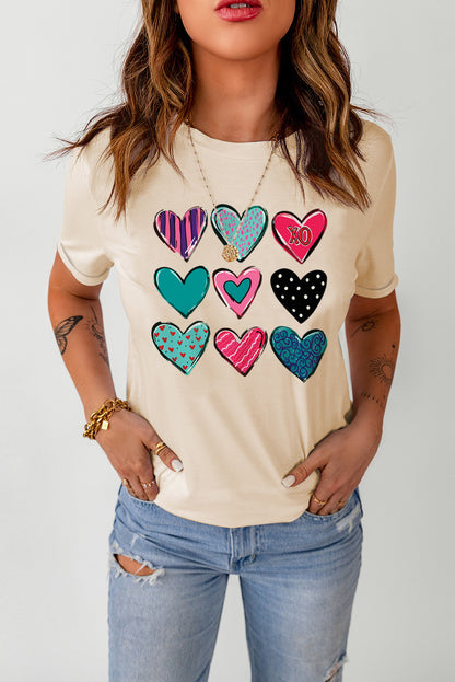 Valentines Multi Pattern Heart Shape Graphic T Shirt | Khaki