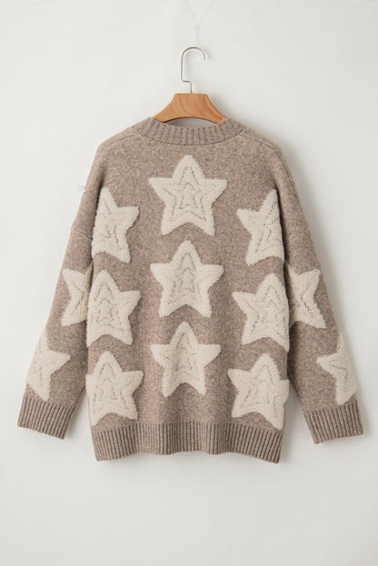 Sherpa Star Pattern Textured Sweater Cardigan With Pockets | Khaki