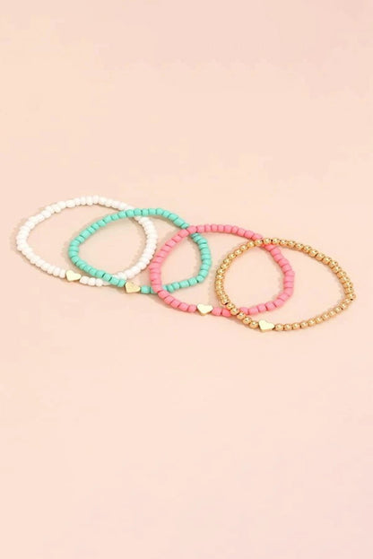 Heart Beaded Multi Layered Bracelet Set | Pink