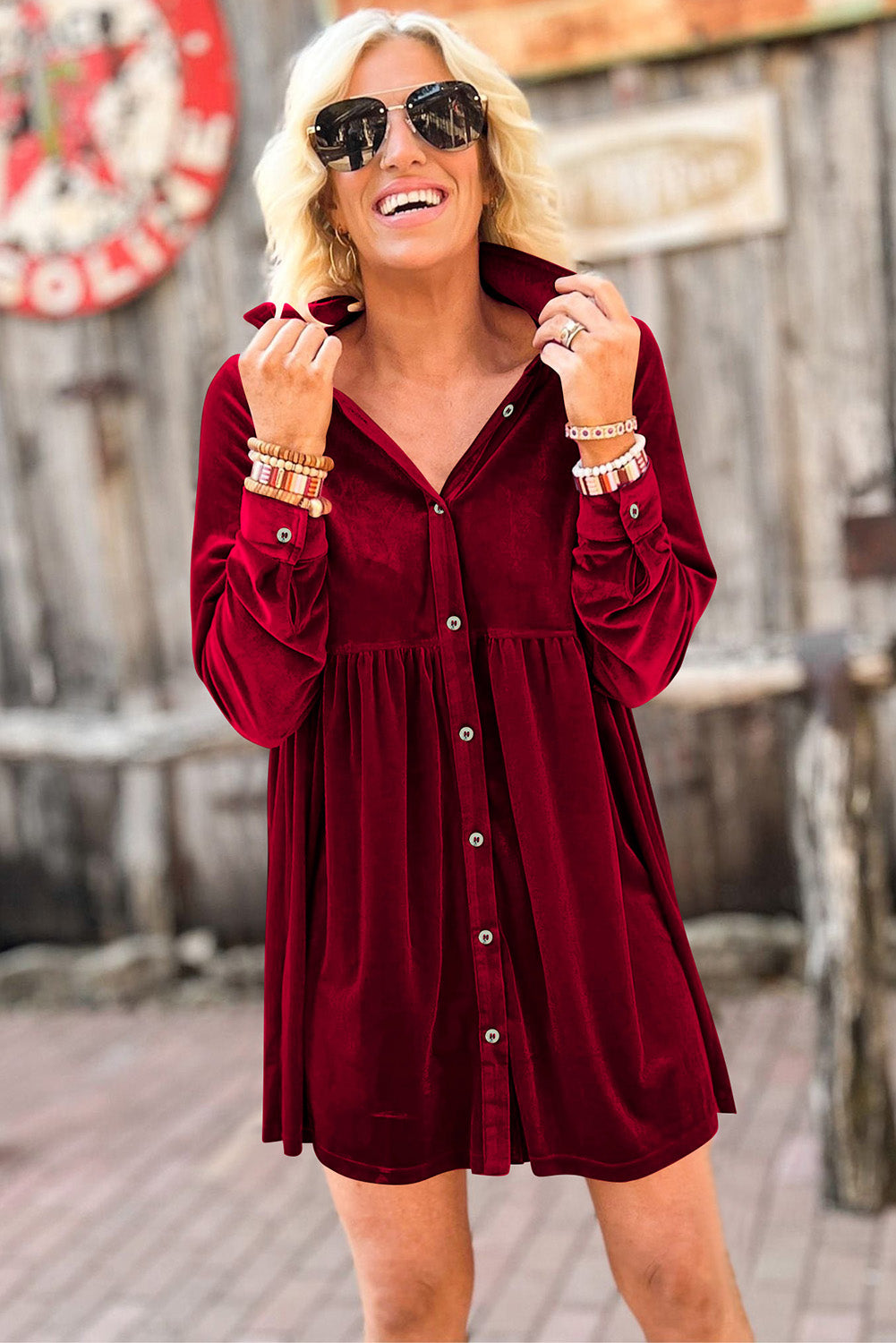 Fiery  Long Sleeve Ruffle Velvet Button Up Dress | Red