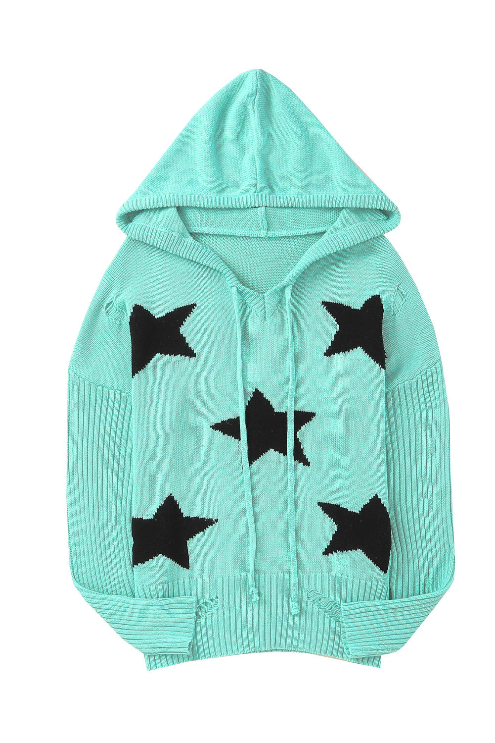 V Neck Star Pattern Hooded Sweater With Slits | Green