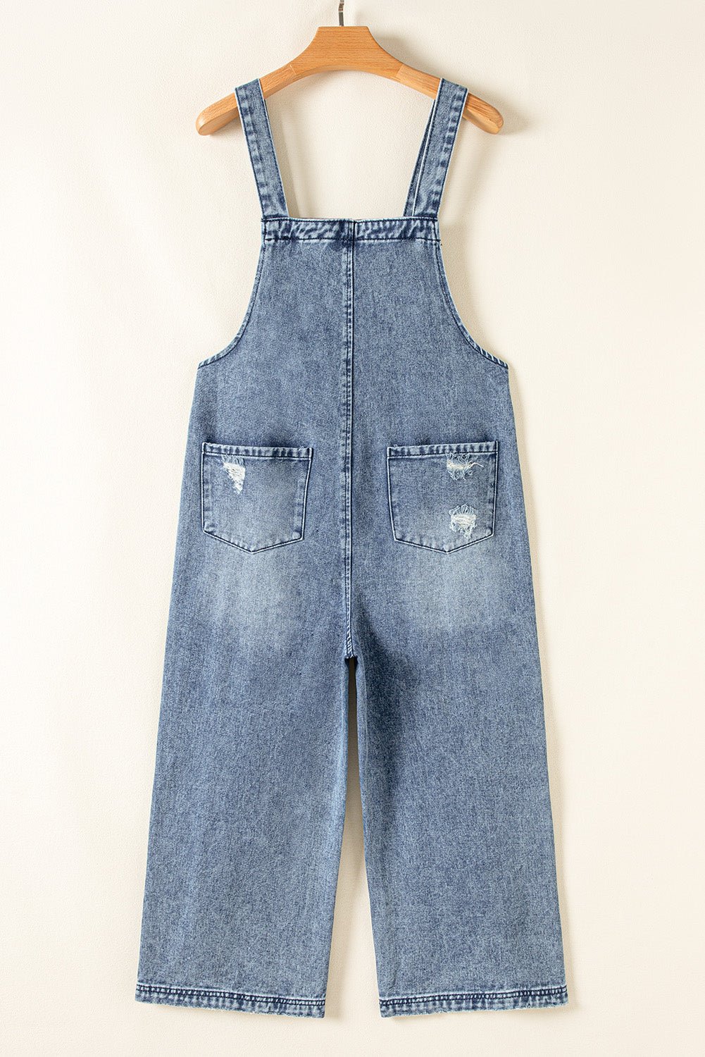 Distressed Bib Pocket Wide Leg Denim Overall | Stone Blue