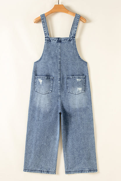 Distressed Bib Pocket Wide Leg Denim Overall | Stone Blue