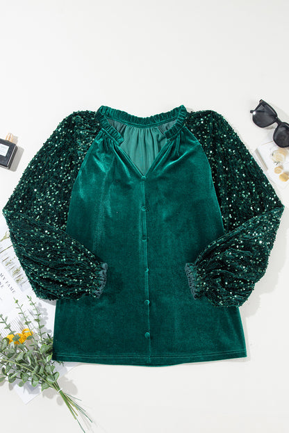 Sequin Patchwork Sleeve Button Up Velvet Top | Evergreen