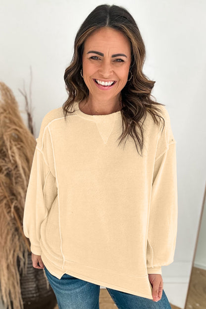 Splicing Round Neck Pullover Sweatshirt | Beige