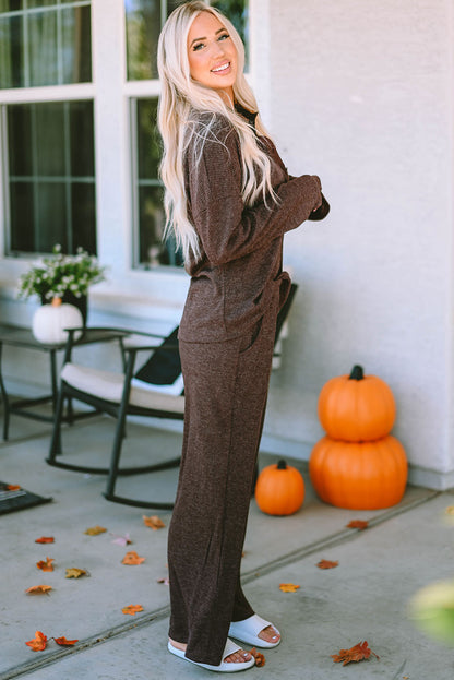 Ribbed Knit Collared Henley Top And Pants Lounge Outfit | Brown