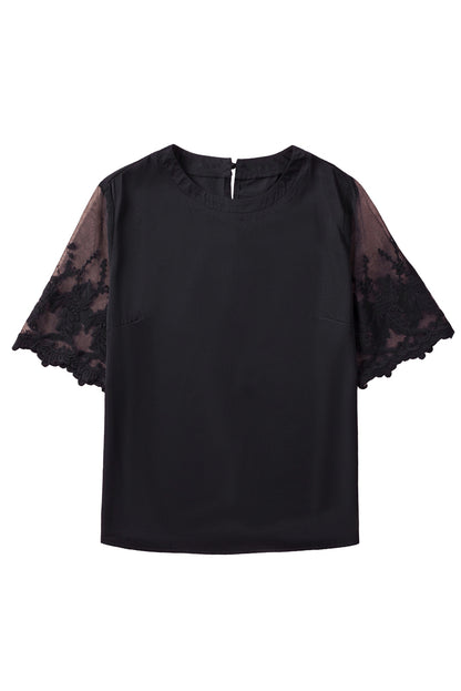 Floral Lace Sleeve Patchwork Top | Black