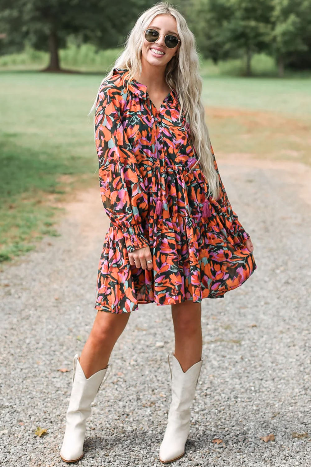 Floral Smocked Bishop Sleeve Tassel Mini Dress | Red