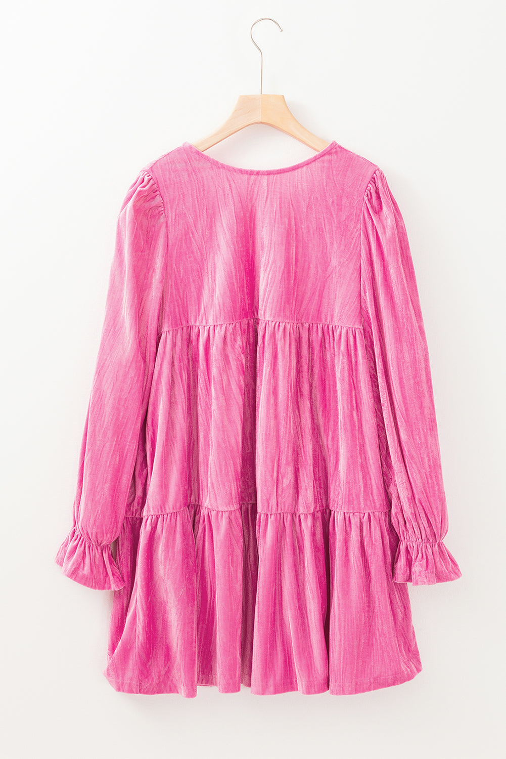 Flounce Sleeve Tiered Ruffled Velvet Mini Dress | Strawberry Pink