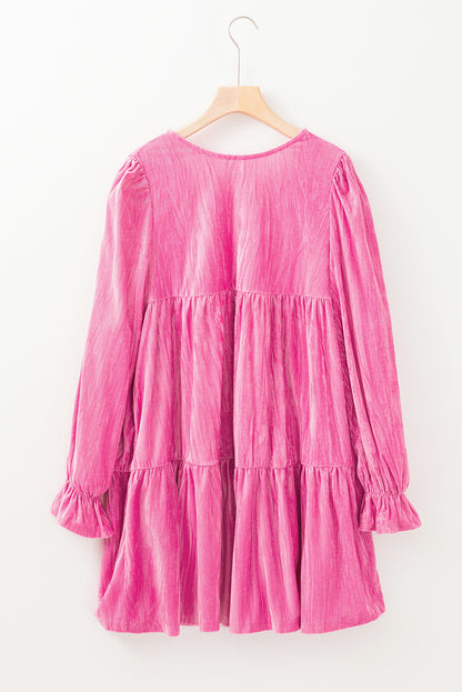 Flounce Sleeve Tiered Ruffled Velvet Mini Dress | Strawberry Pink