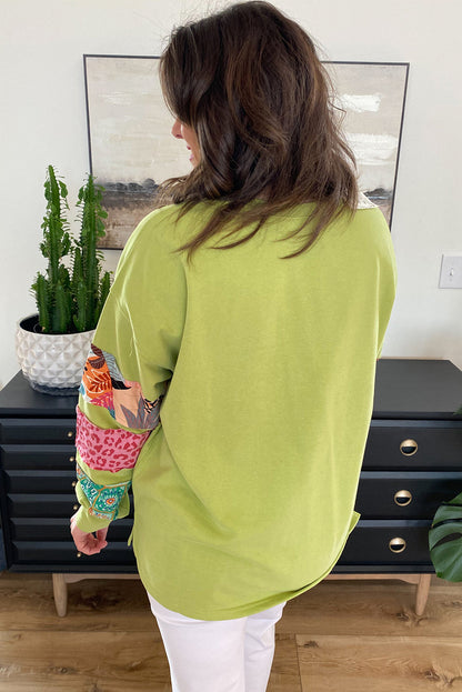 Plus Size Printed Patchwork Sleeve Split Sweatshirt | Green