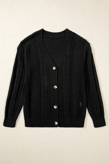 Open Knit Drop Shoulder Sweater Cardigan | Black