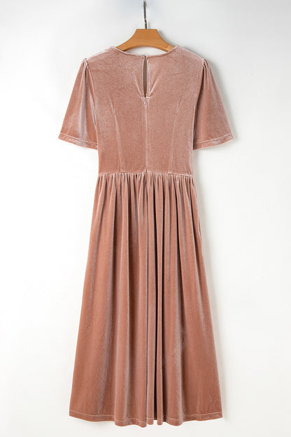 Velvet Lacy V Neckline Short Sleeve Empire Waist Flowy Maxi Dress | Chestnut