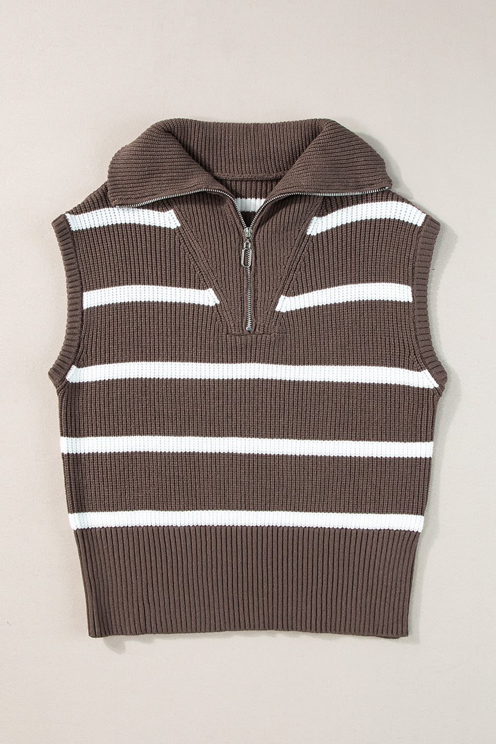 Zipped Collar Cap Sleeve Knit Top | Brown Stripe