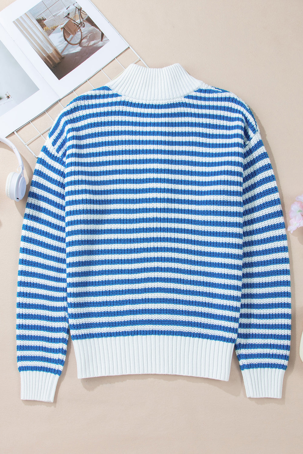 Zip Up Collar Drop Shoulder Sweater | Sky Blue Stripe