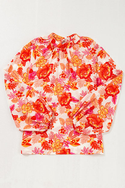 Floral Print Pearl Button Keyhole Long Puff Sleeve Blouse | Orange