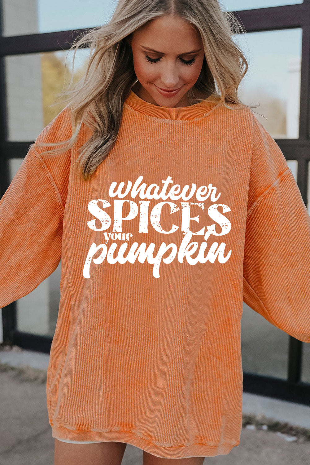 Whatever Spices Your Pumpkin Graphic Corded Pullover Sweatshirt | Orange