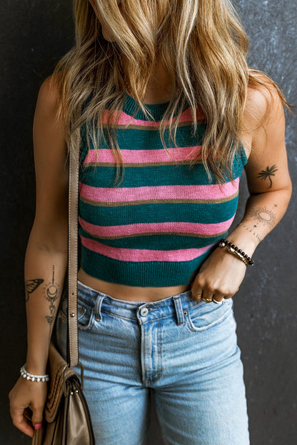 Sleeveless Knit Cropped Sweater Top | Pink Stripe