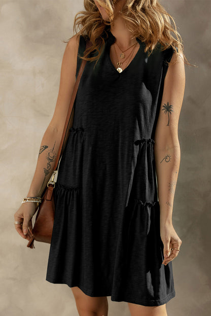 Split V Neck Tiered Flowy Sleeveless Dress | Black