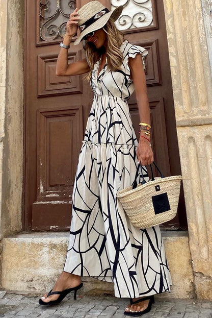 Abstract Vein Print V Neck Ruffle Maxi Dress | White