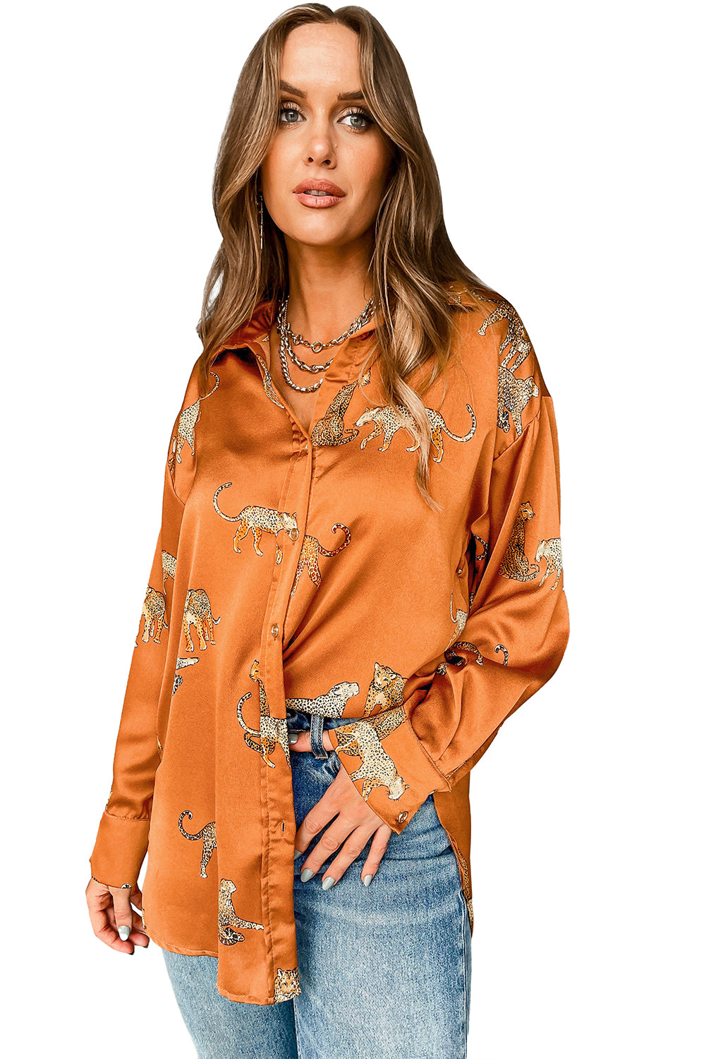 Cheetah Animal Print Button Up Satin Shirt | Russet Orange