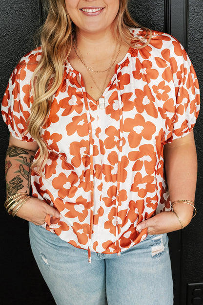 Plus Size Floral Print Drawstring V Neck Short Sleeve Blouse | Orange