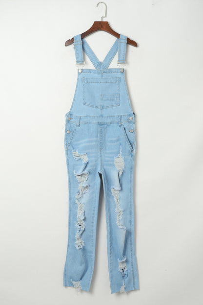 Constructed Bib Pocket Distressed Denim Overalls | Sky Blue