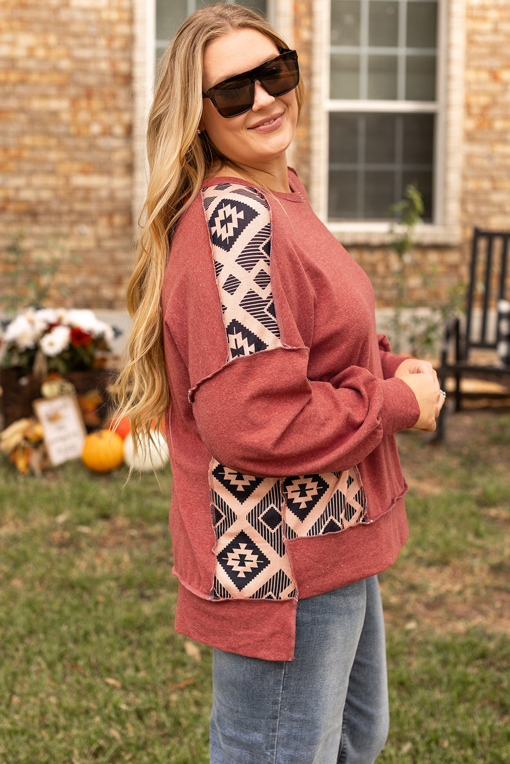 Aztec Patchwork Drop Shoulder Plus Size High Low Sweatshirt | Redwood Burl