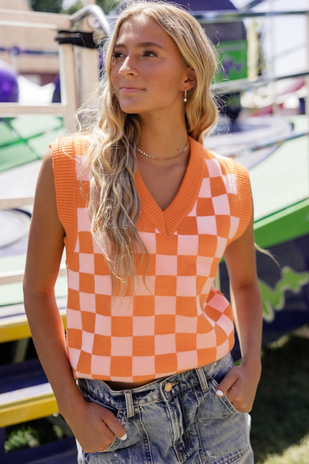 Checkered V Neck Knitted Sweater Vest | Russet Orange