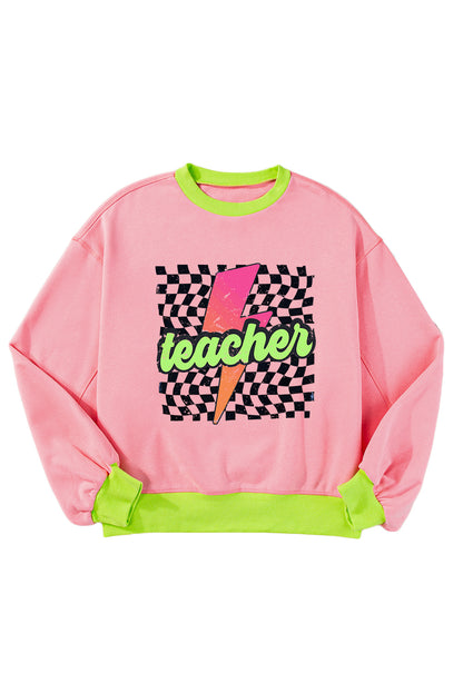 Teacher Lightning Checkered Print Colour Block Sweatshirt | Pink