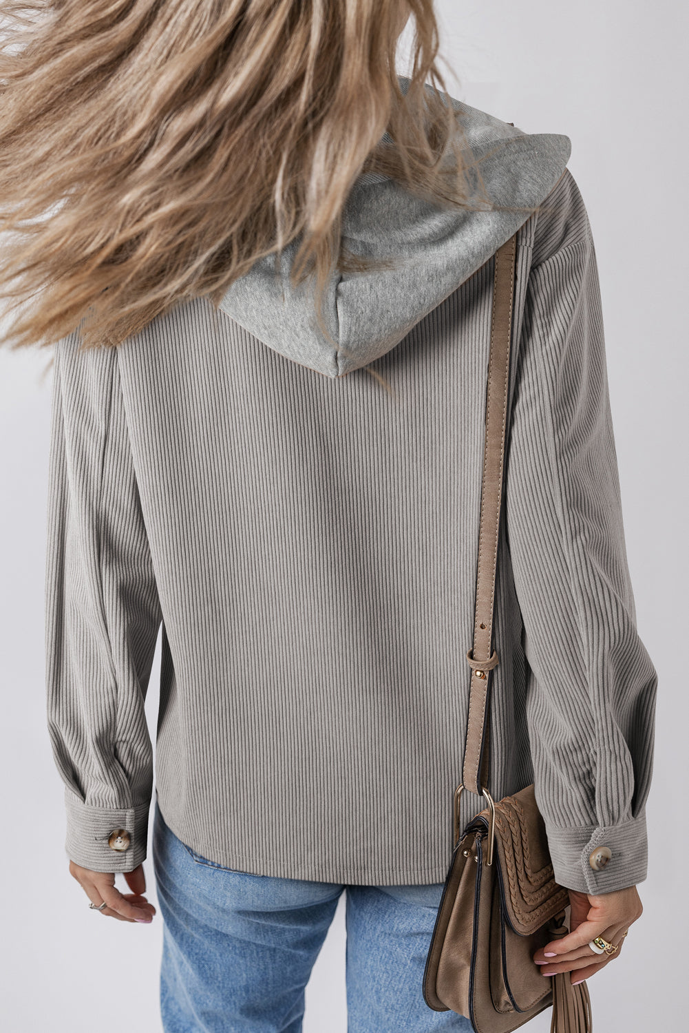 Hooded Drawstring Pockets Corduroy Shacket | Light Grey