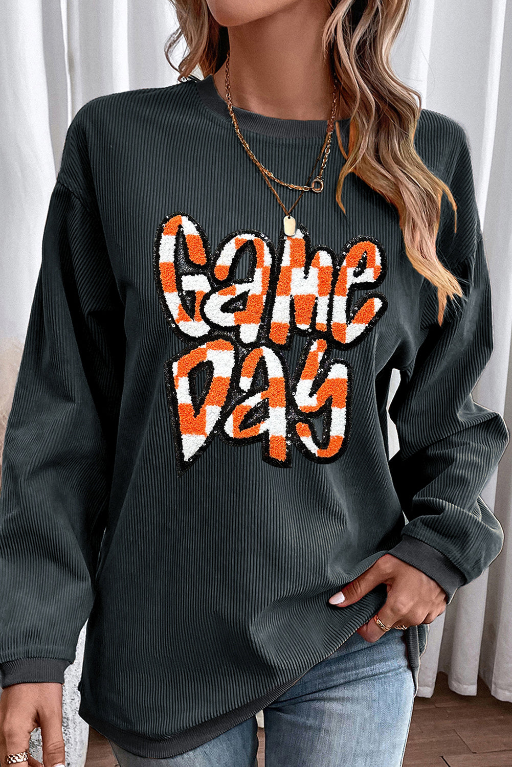 Chenille Checkered Game Day Graphic Drop Shoulder Corded Sweatshirt | Dark Grey