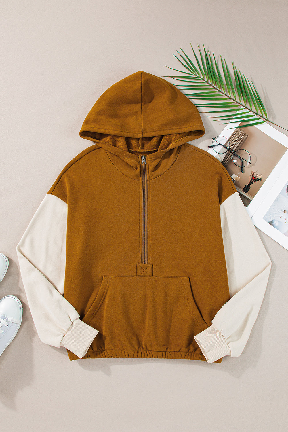 Colour Block Half Zip Kangaroo Pocketed Hoodie | Chestnut