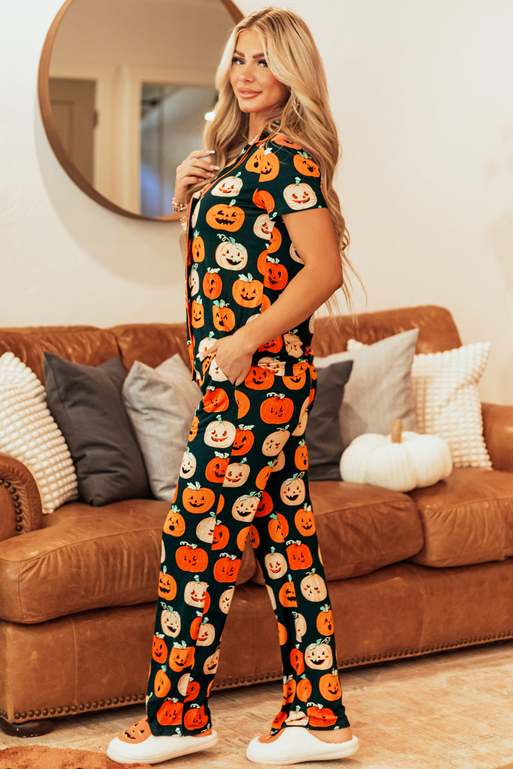 Halloween Pattern Short Sleeve Shirt Pajama Set | Orange